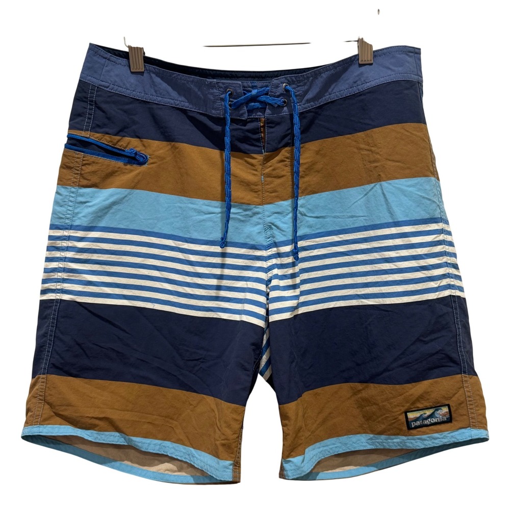 Patagonia Wavefarer Boardshorts Sz 34 Blue Brown Striped Unlined Swim Trunks 9in